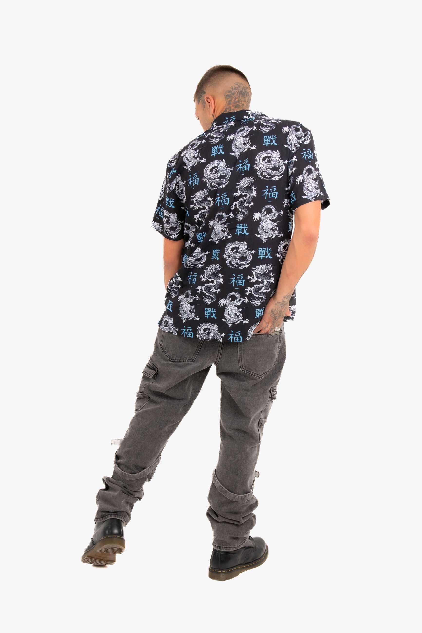 All-Over Dragon Print Short Sleeve Black Shirt