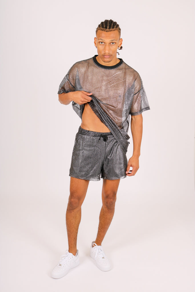 Metallic Grey Mesh Mesh Shorts