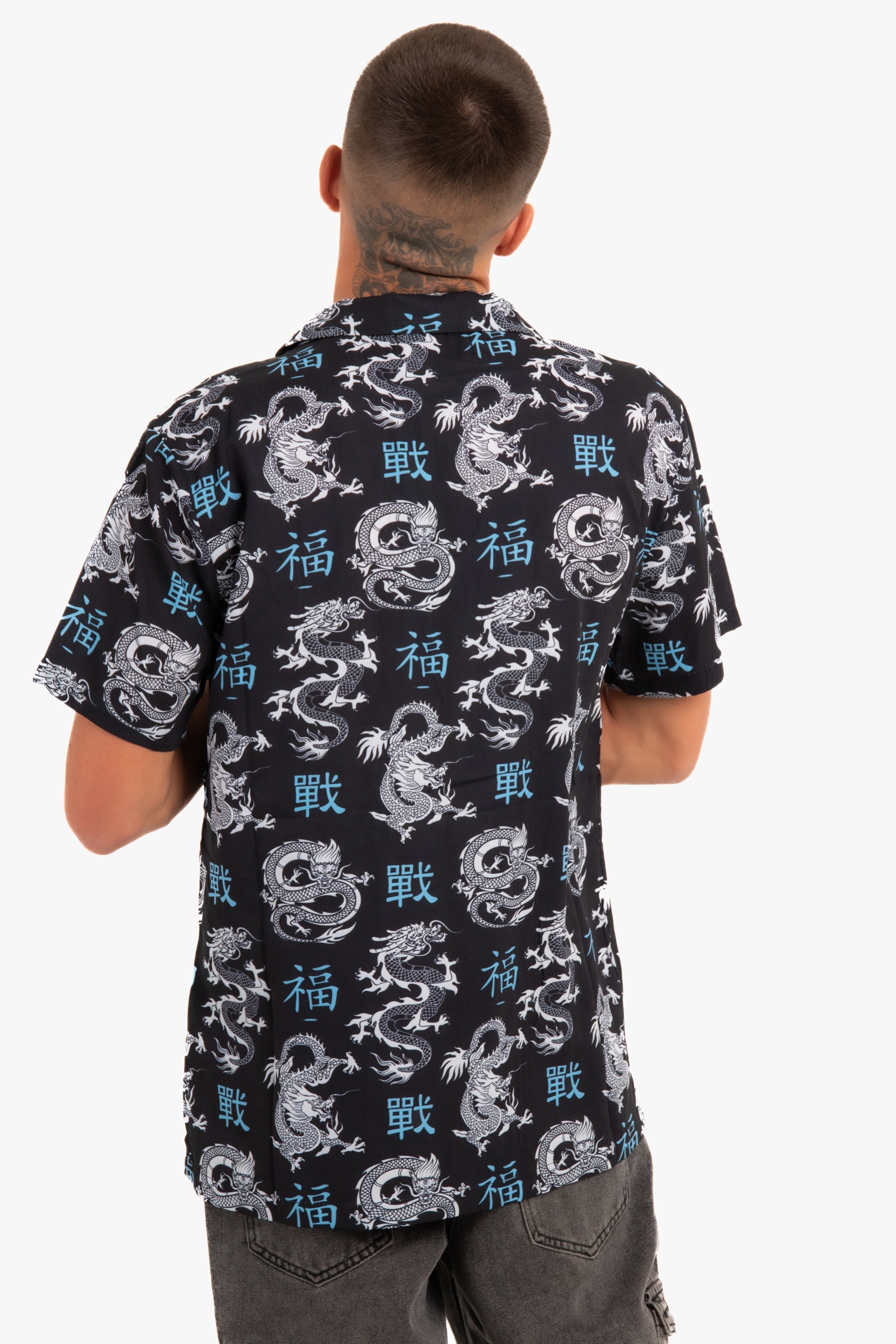 All-Over Dragon Print Short Sleeve Black Shirt