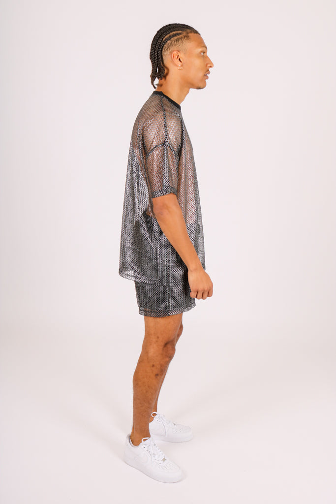 Metallic Grey Mesh Mesh Shorts