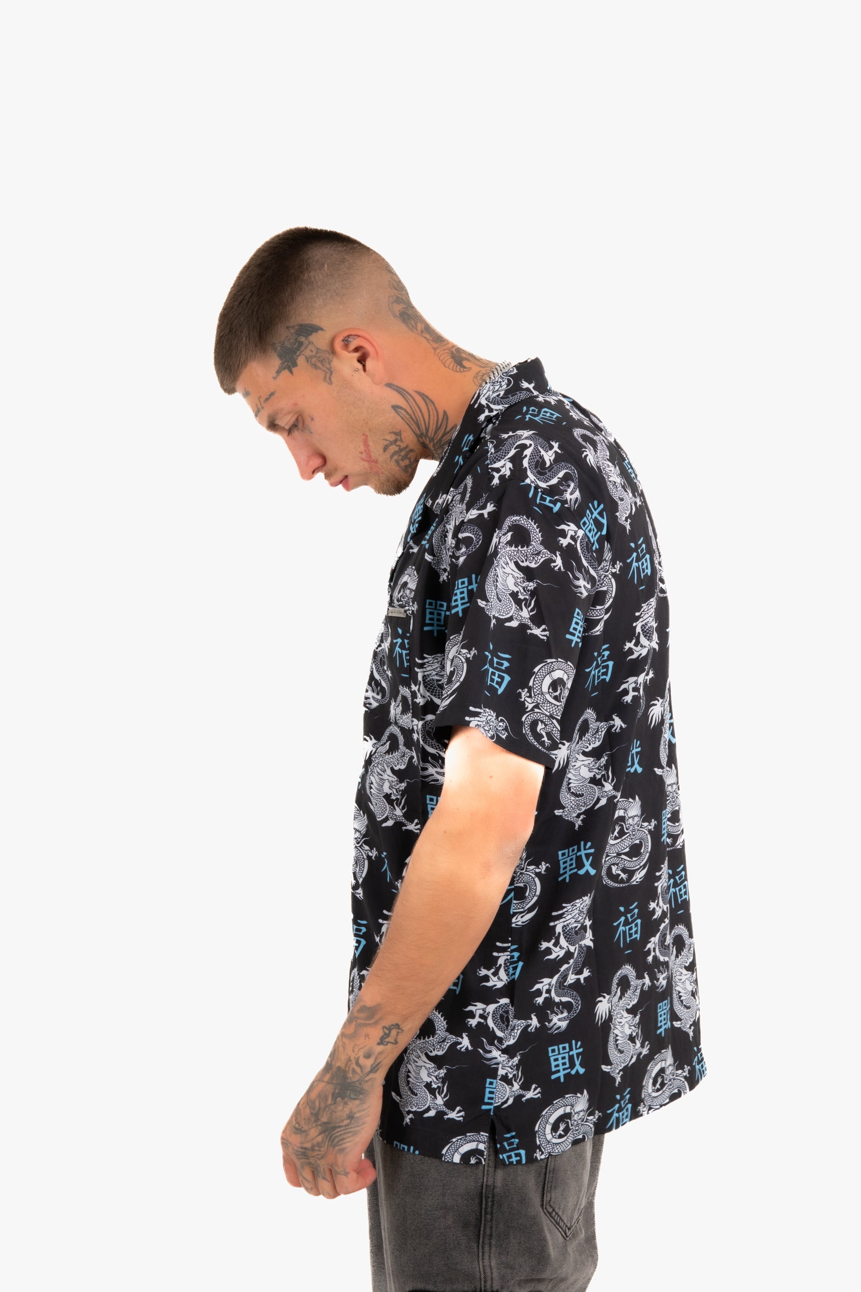 All-Over Dragon Print Short Sleeve Black Shirt