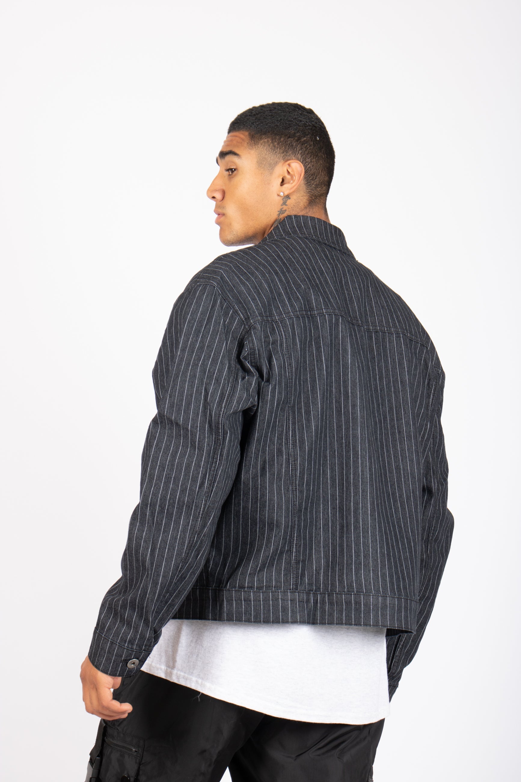 Oversized Pinstripe Utility Denim Jacket