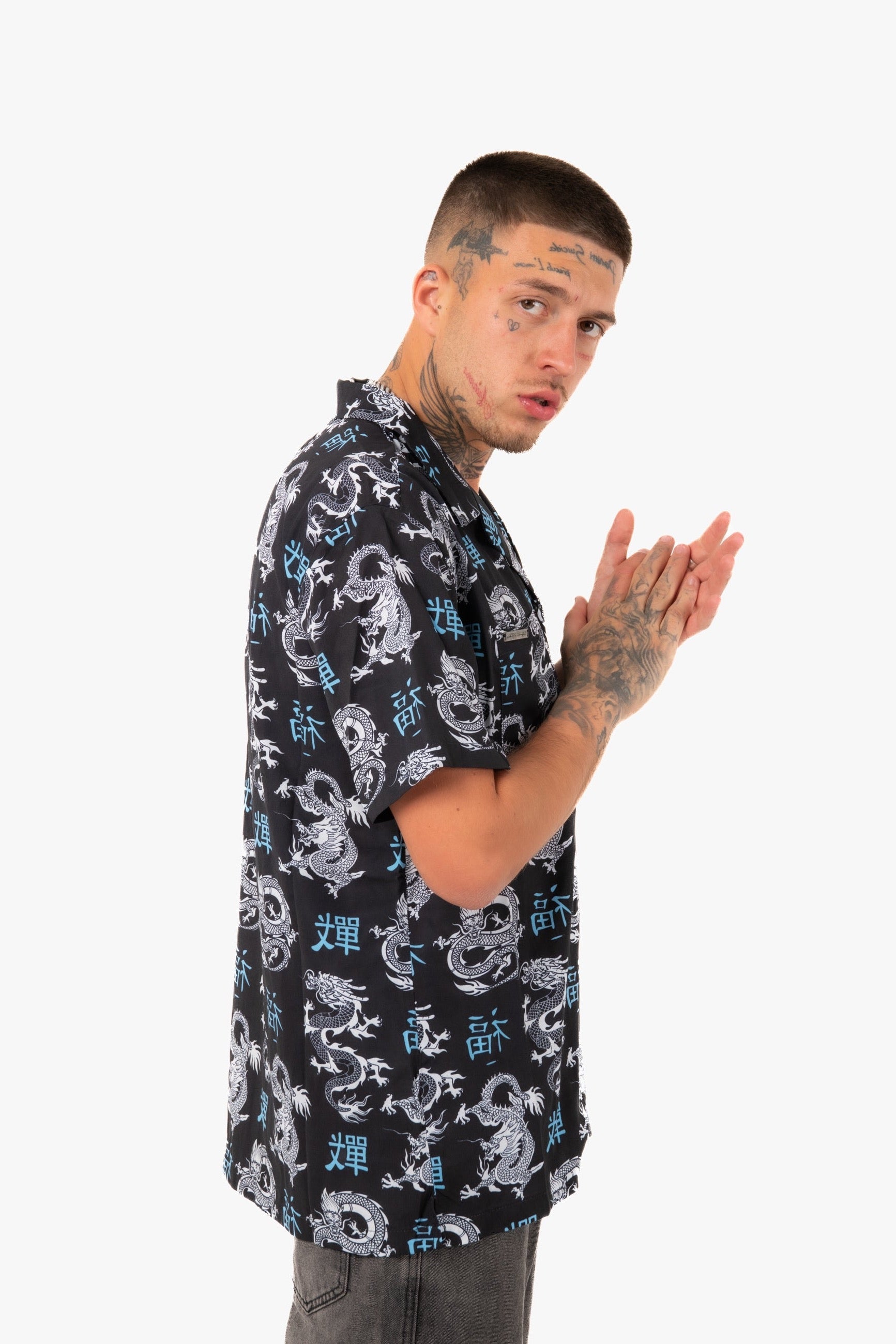 All-Over Dragon Print Short Sleeve Black Shirt