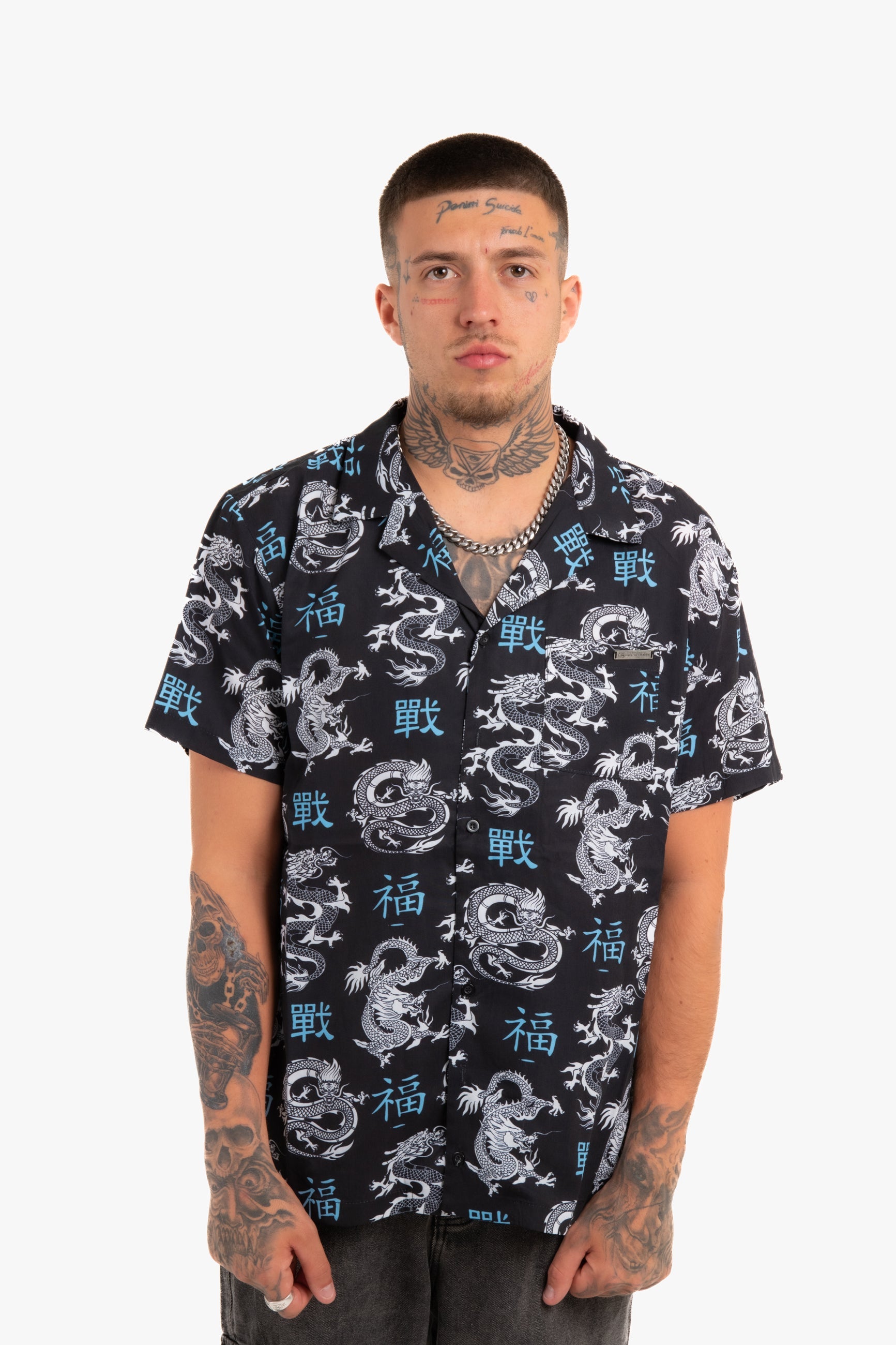 All-Over Dragon Print Short Sleeve Black Shirt