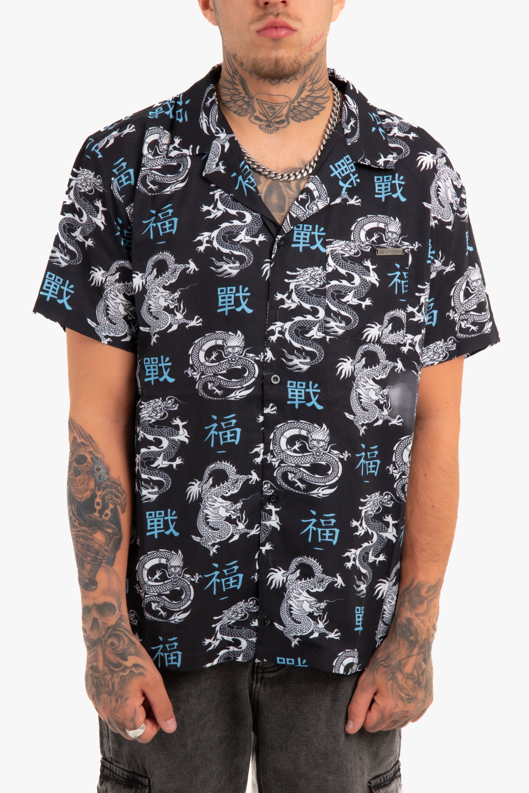 All-Over Dragon Print Short Sleeve Black Shirt