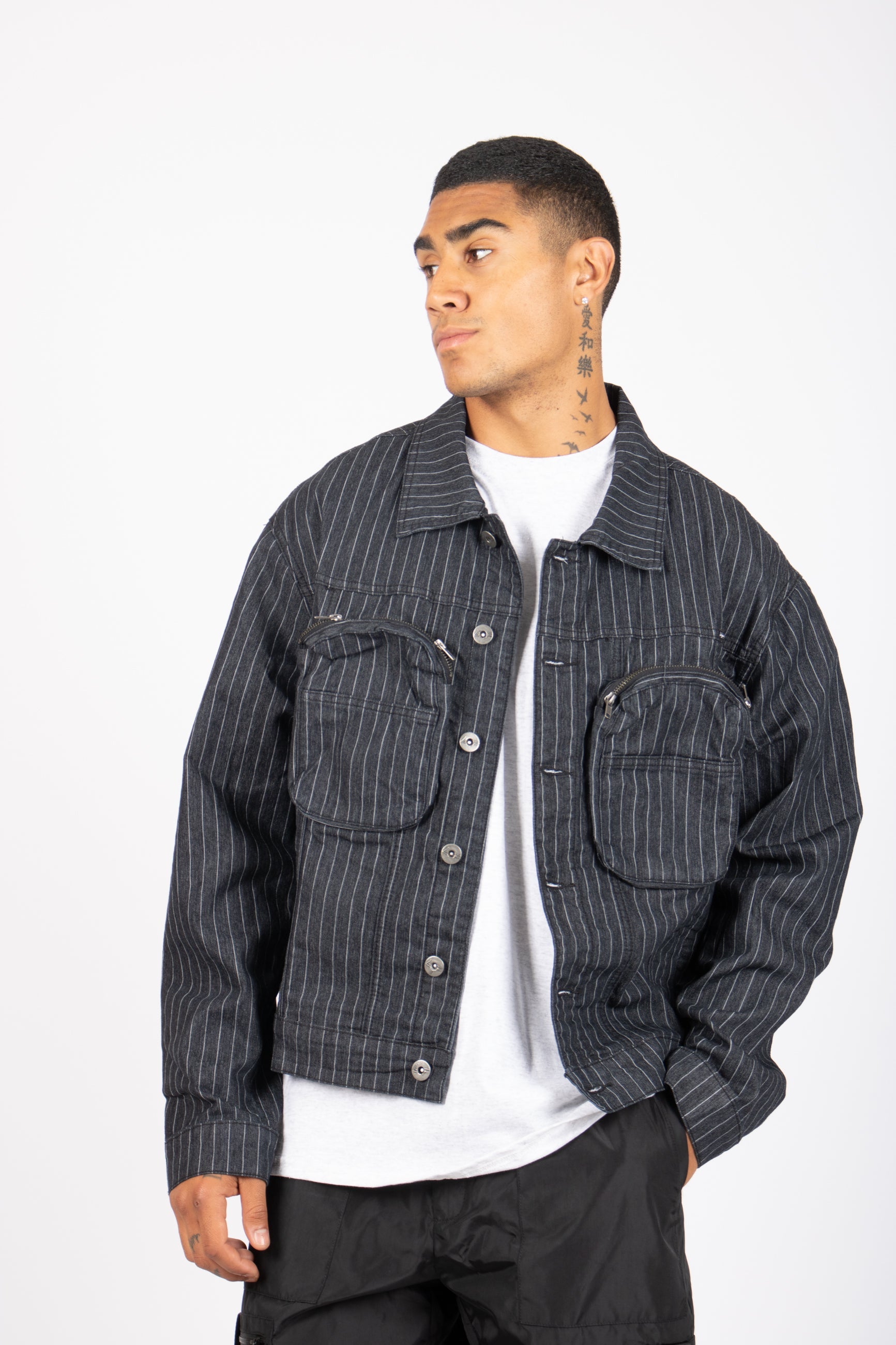 Oversized Pinstripe Utility Denim Jacket