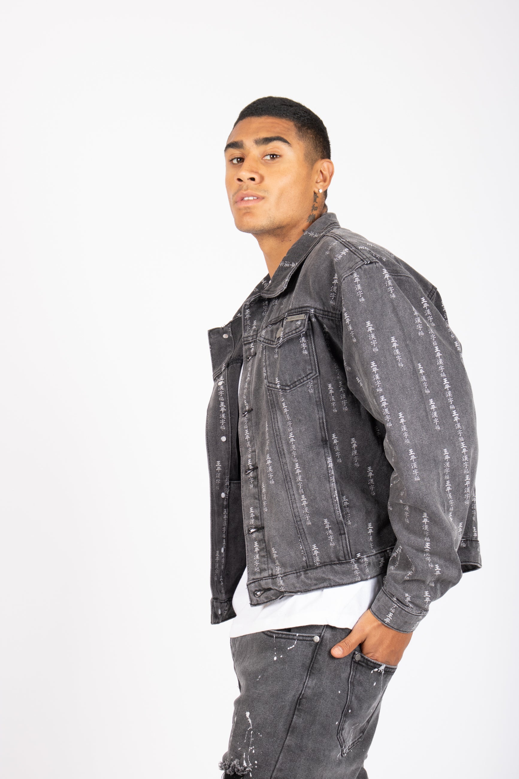 All-Over Japanese Text Oversized Washed Black Trucker Jacket