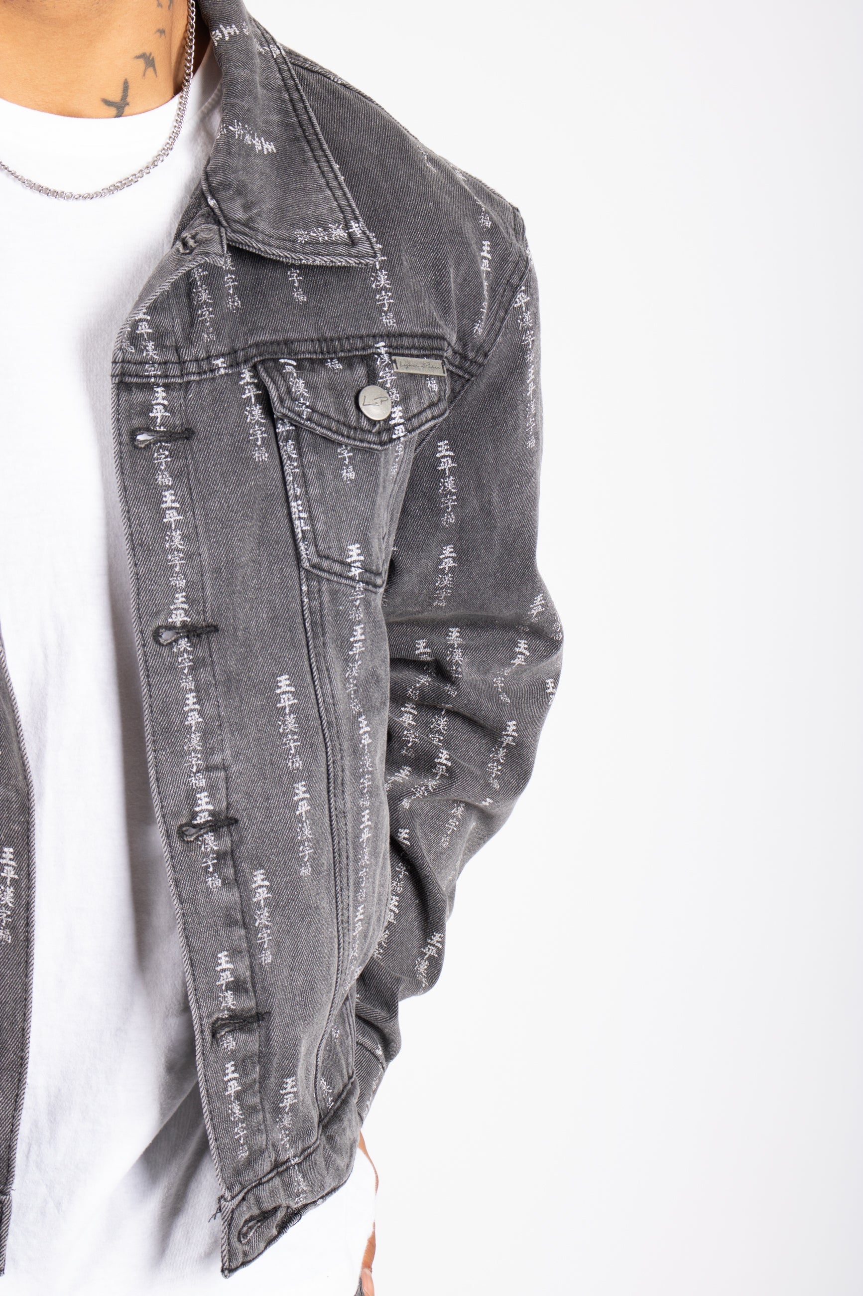 All-Over Japanese Text Oversized Washed Black Trucker Jacket