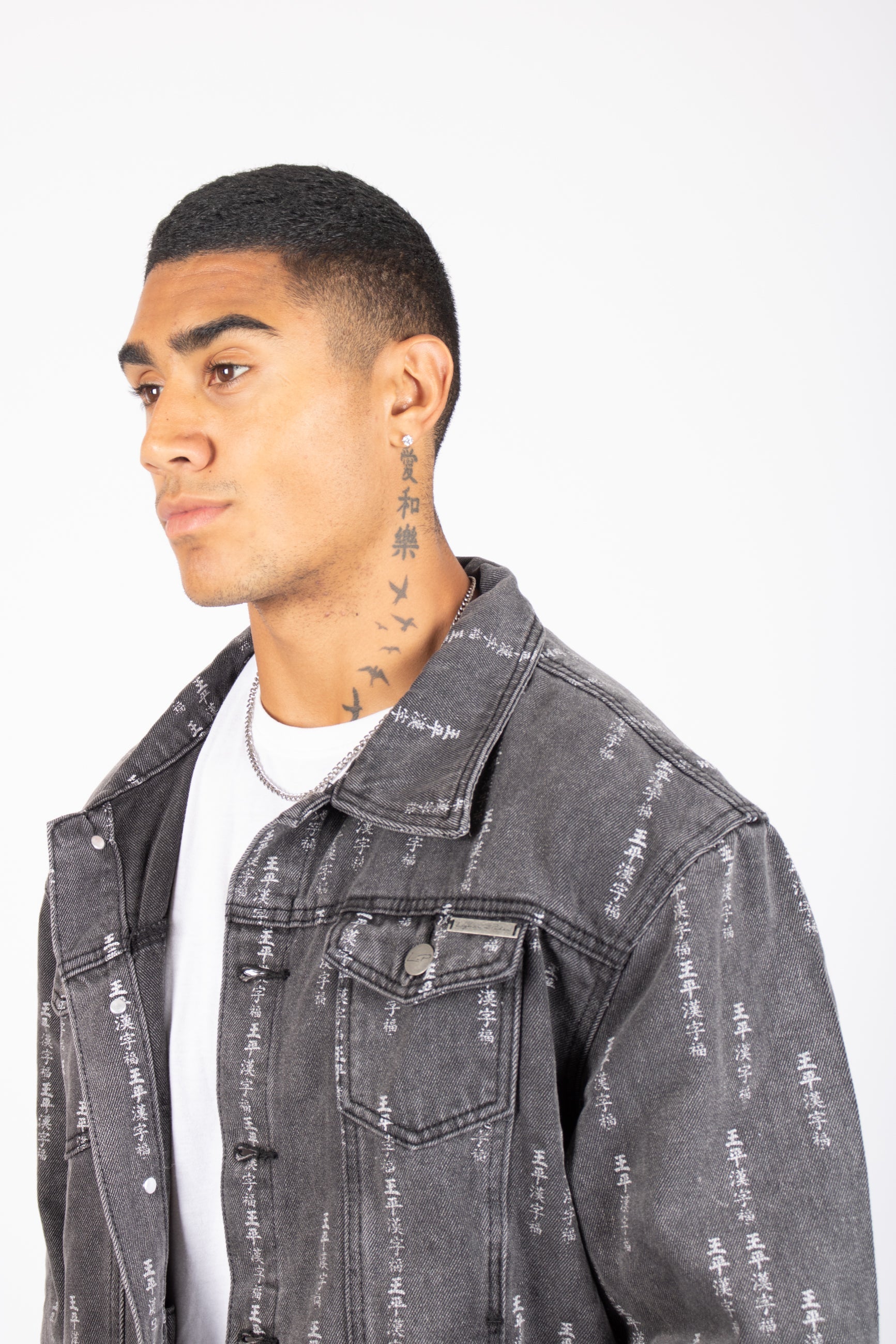 All-Over Japanese Text Oversized Washed Black Trucker Jacket