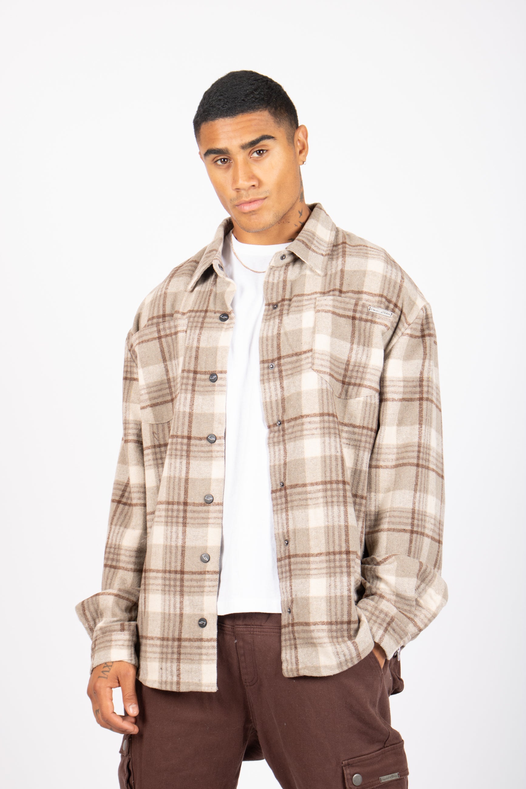 Oversized Long Sleeve Stone Flannel Shirt