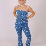 Star Print High Waist Denim Flare