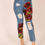 Bitchin Boyfriend Jeans With Rose Sequin Patches