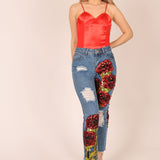 Bitchin Boyfriend Jeans With Rose Sequin Patches