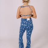 Star Print High Waist Denim Flare