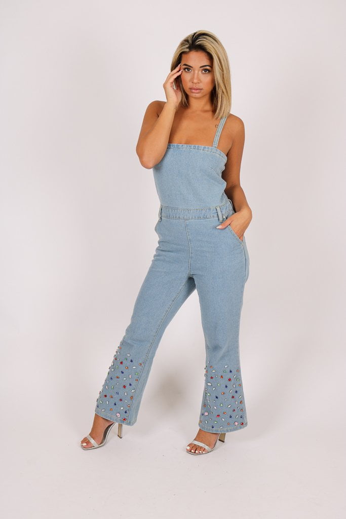 Gemstone denim jumpsuit with kickflare and gemstones - Liquor N Poker LIQUOR N POKER