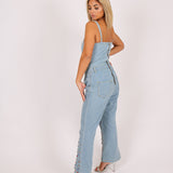 Gemstone Denim Jumpsuit With Kickflare And Gemstones