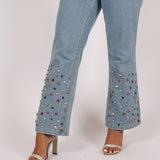 Gemstone Denim Jumpsuit With Kickflare And Gemstones