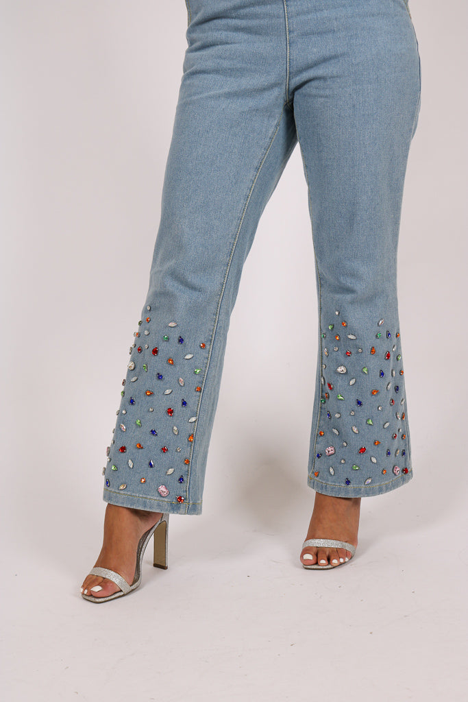 Gemstone Denim Jumpsuit With Kickflare And Gemstones