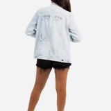 Boyfriend Fit Denim Jacket with Graffiti Illustration