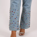 Gemstone Denim Jumpsuit With Kickflare And Gemstones