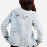 Boyfriend Fit Denim Jacket with Graffiti Illustration