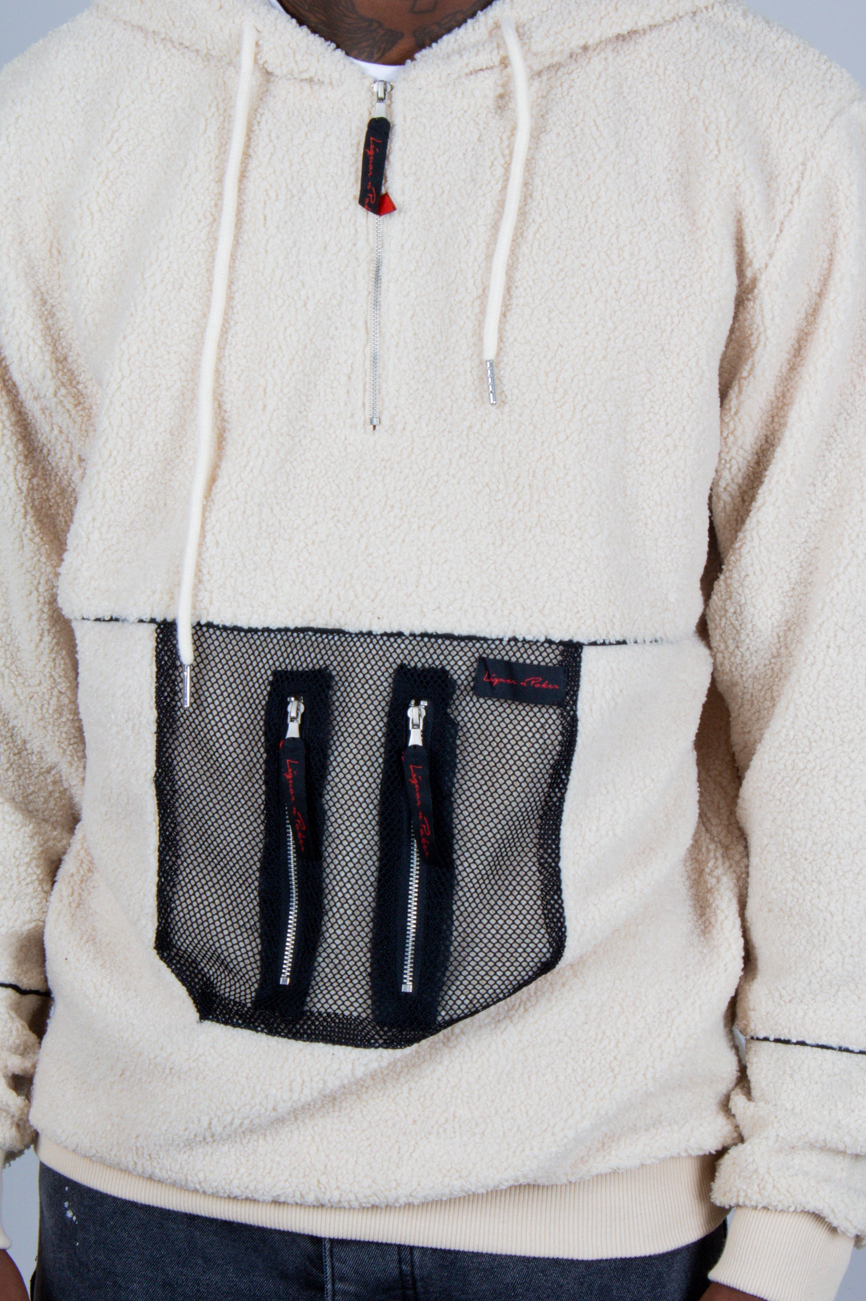 Alaska Borg Hoody With Mesh Pocket In Light Cream