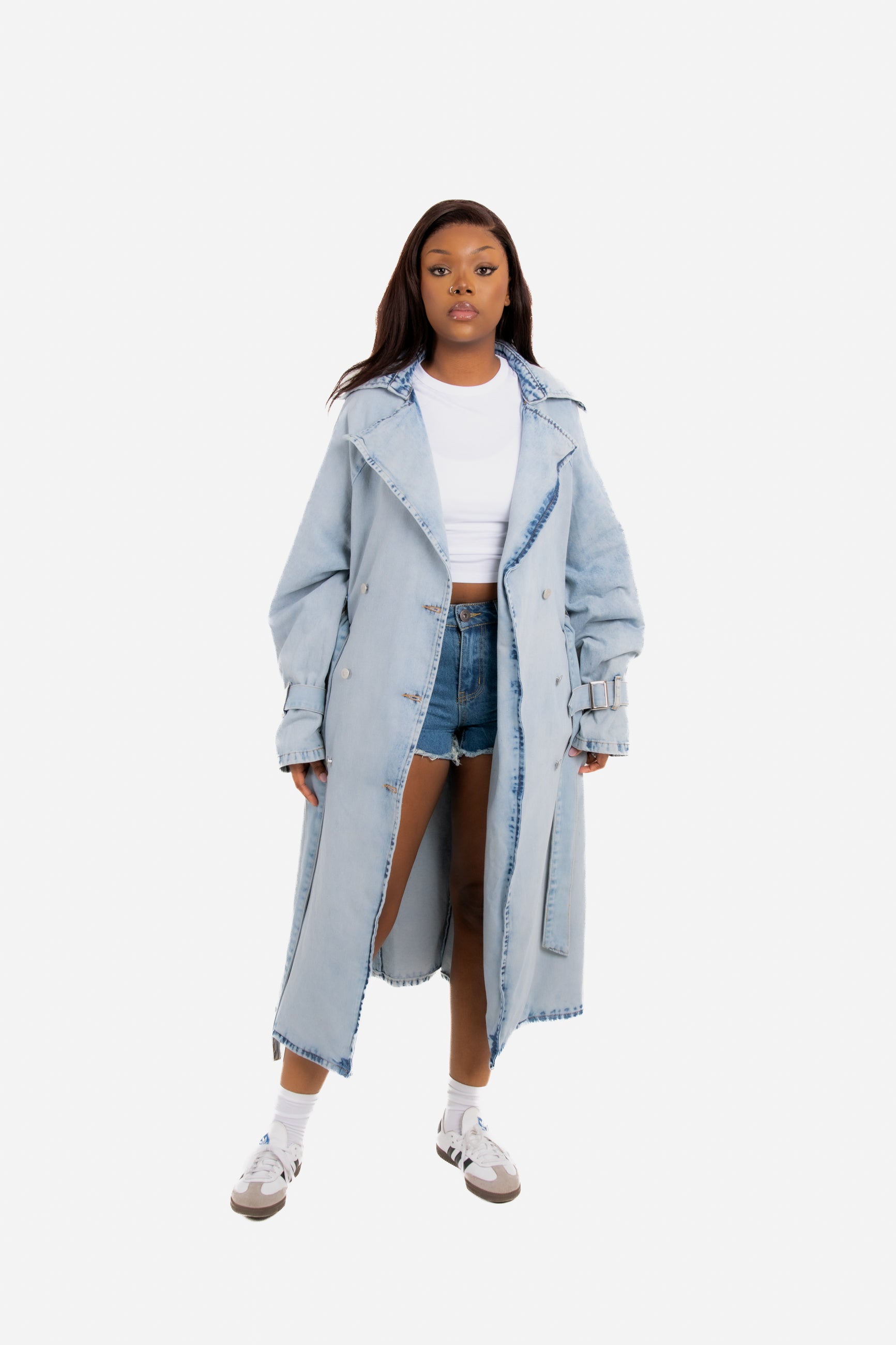 Oversized Denim Bleach-Wash Trench