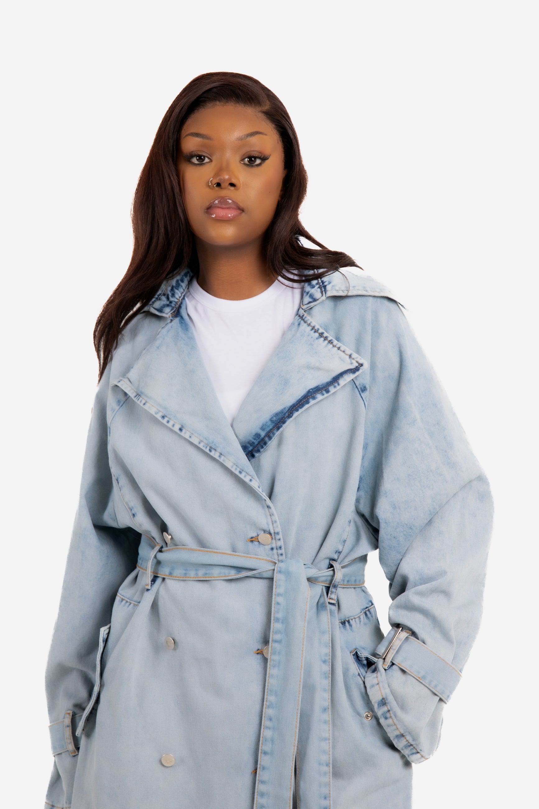 Oversized Denim Bleach-Wash Trench