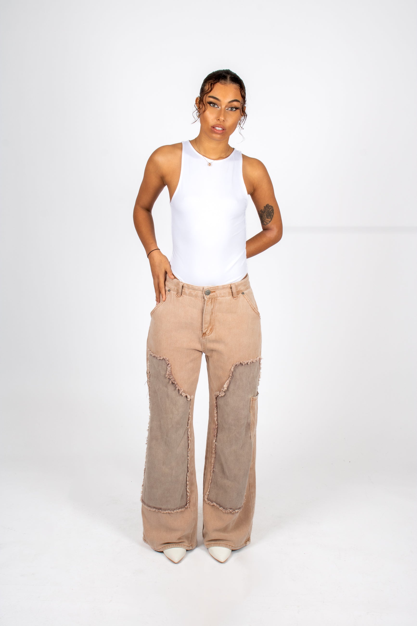 Beige Mid Rise Carpenter Wide Leg Jean