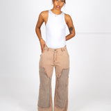 Beige Mid Rise Carpenter Wide Leg Jean