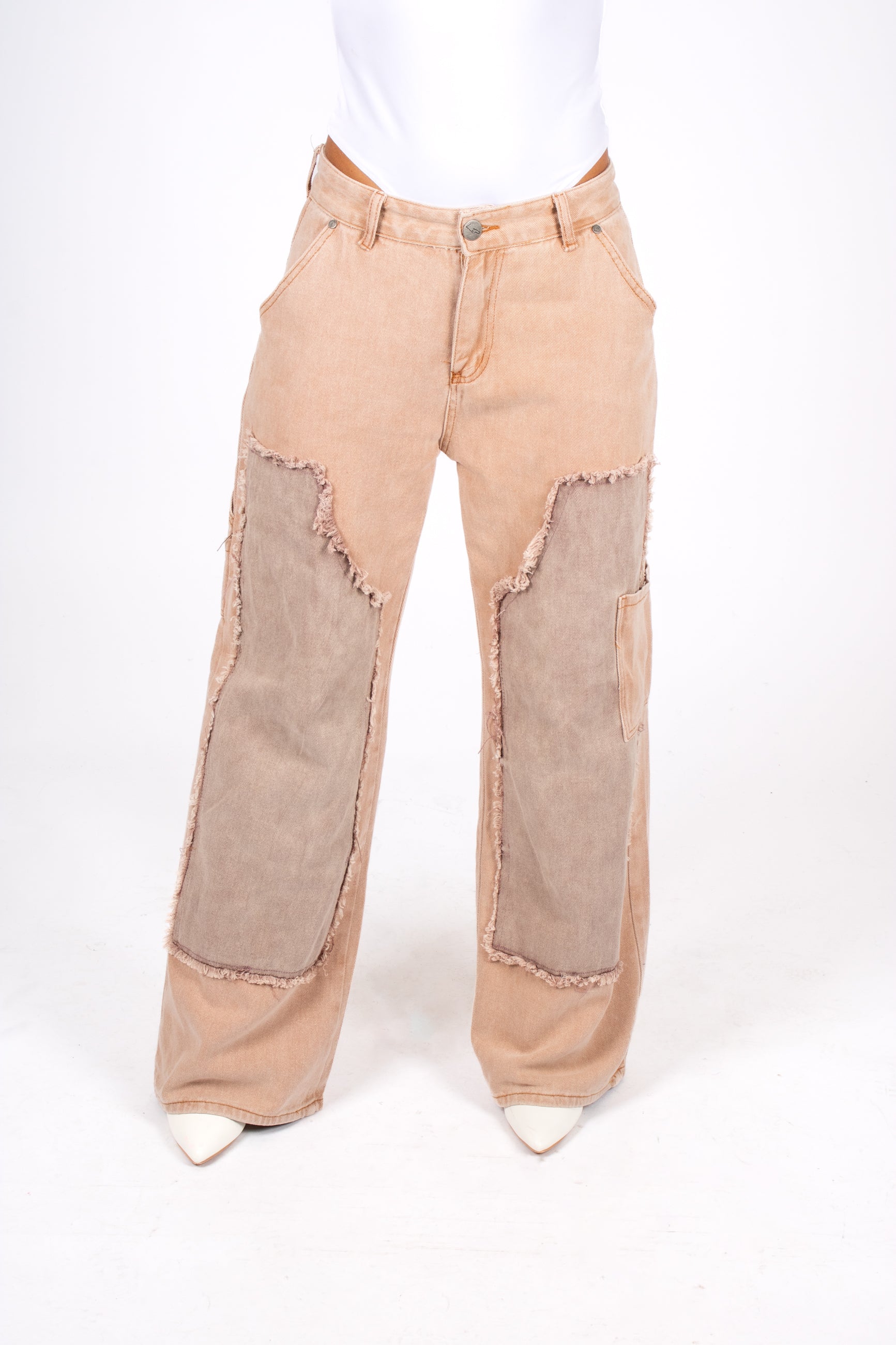 Beige Mid Rise Carpenter Wide Leg Jean Close Up