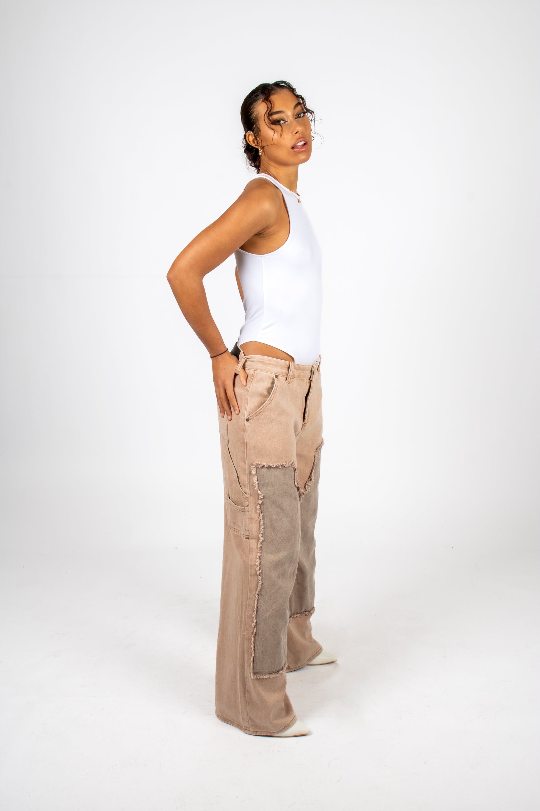 Beige Mid Rise Carpenter Wide Leg Jean Side View