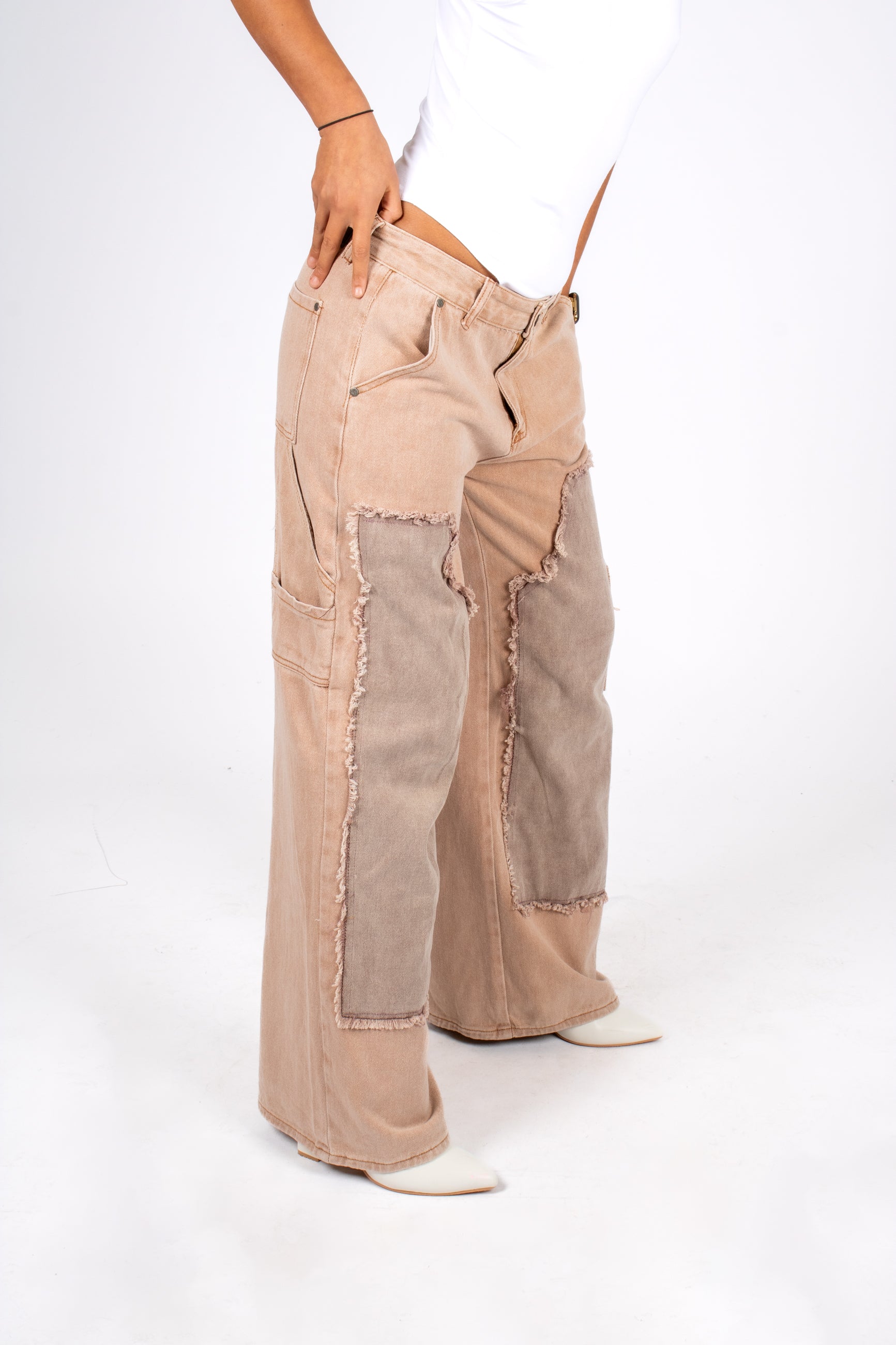 Beige Mid Rise Carpenter Wide Leg Jean Close Up 2