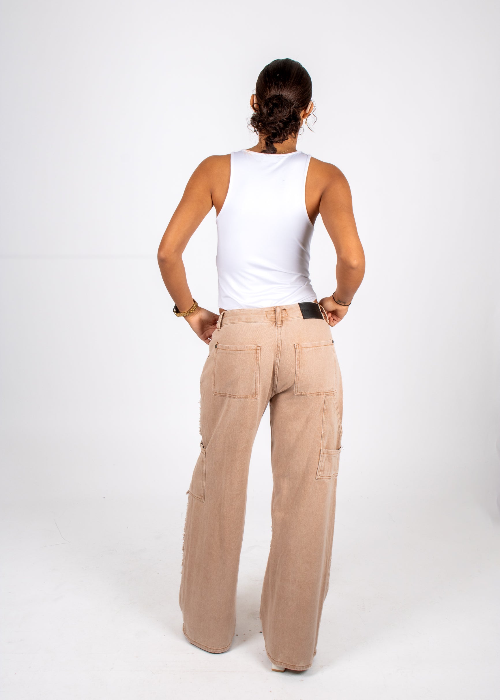 Beige Mid Rise Carpenter Wide Leg Jean Back View