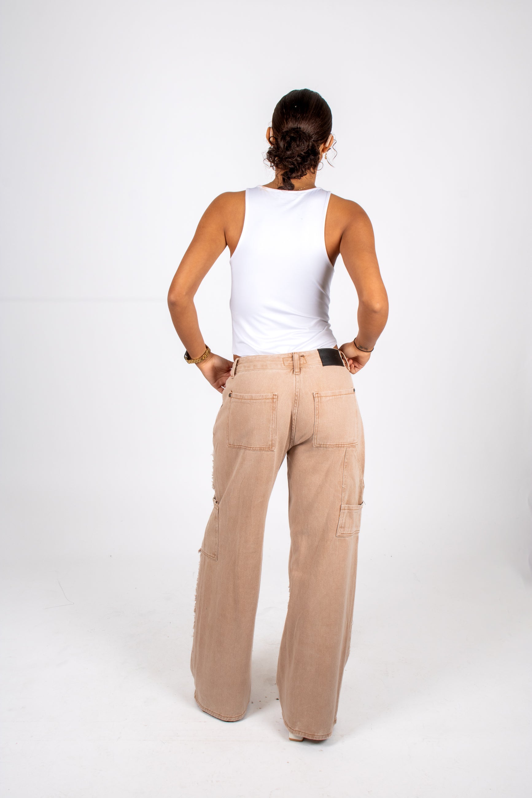 Beige Mid Rise Carpenter Wide Leg Jean Back View