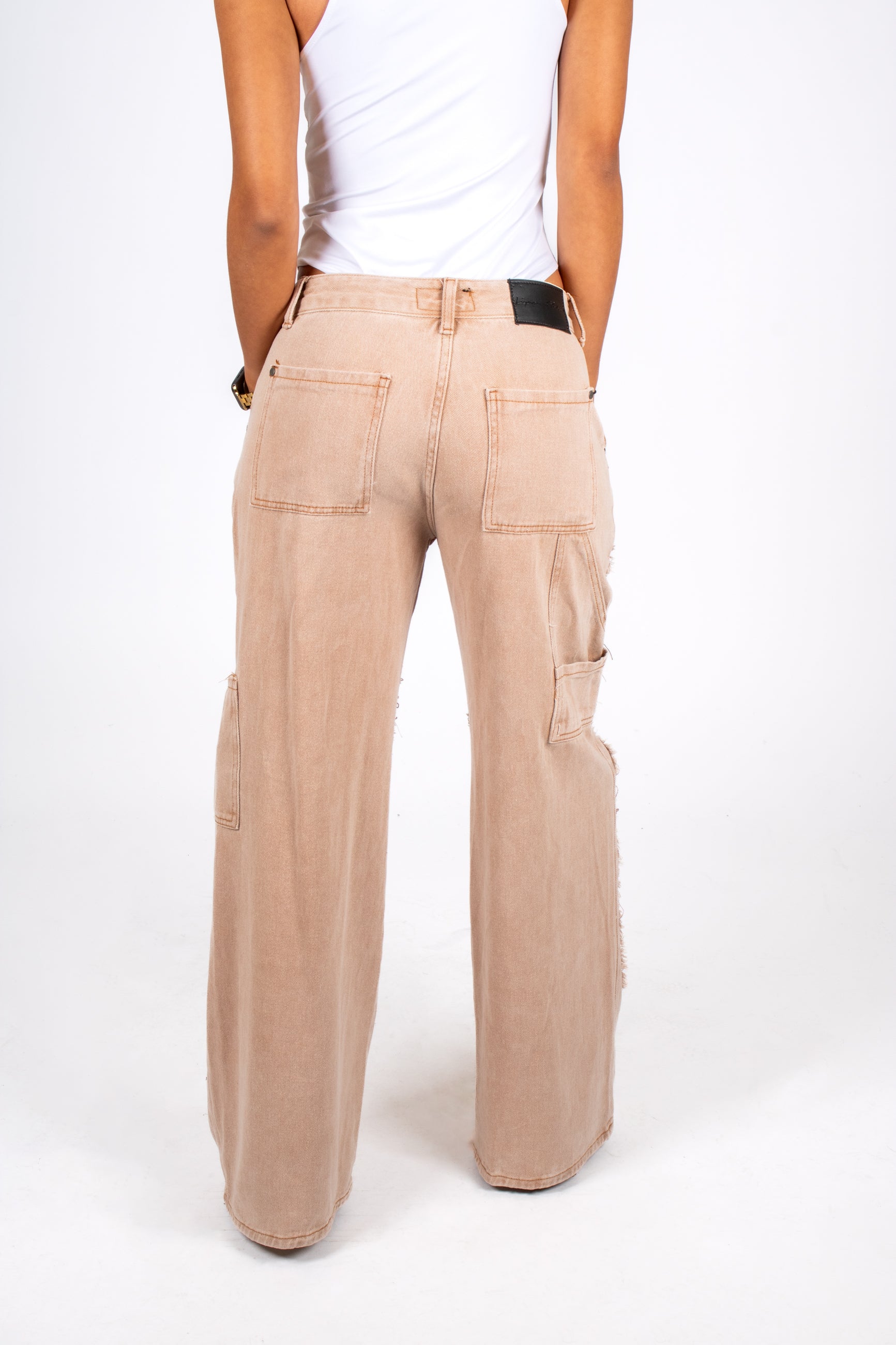 Beige Mid Rise Carpenter Wide Leg Jean Back Close Up