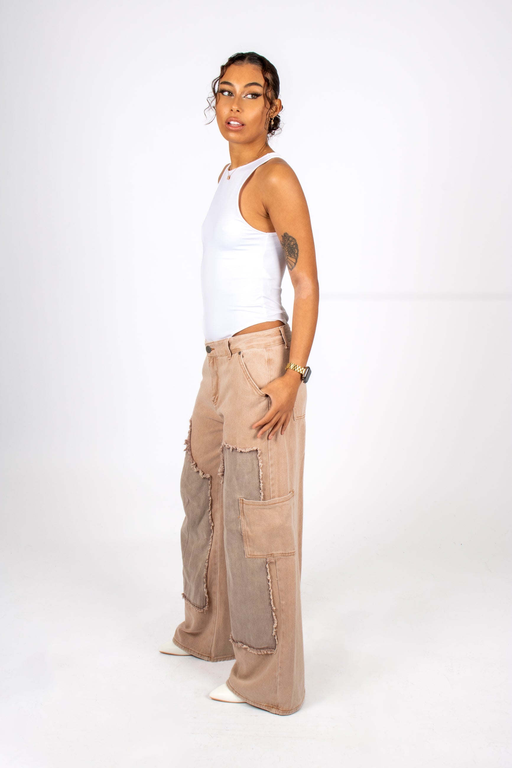 Beige Mid Rise Carpenter Wide Leg Jean Side View 2