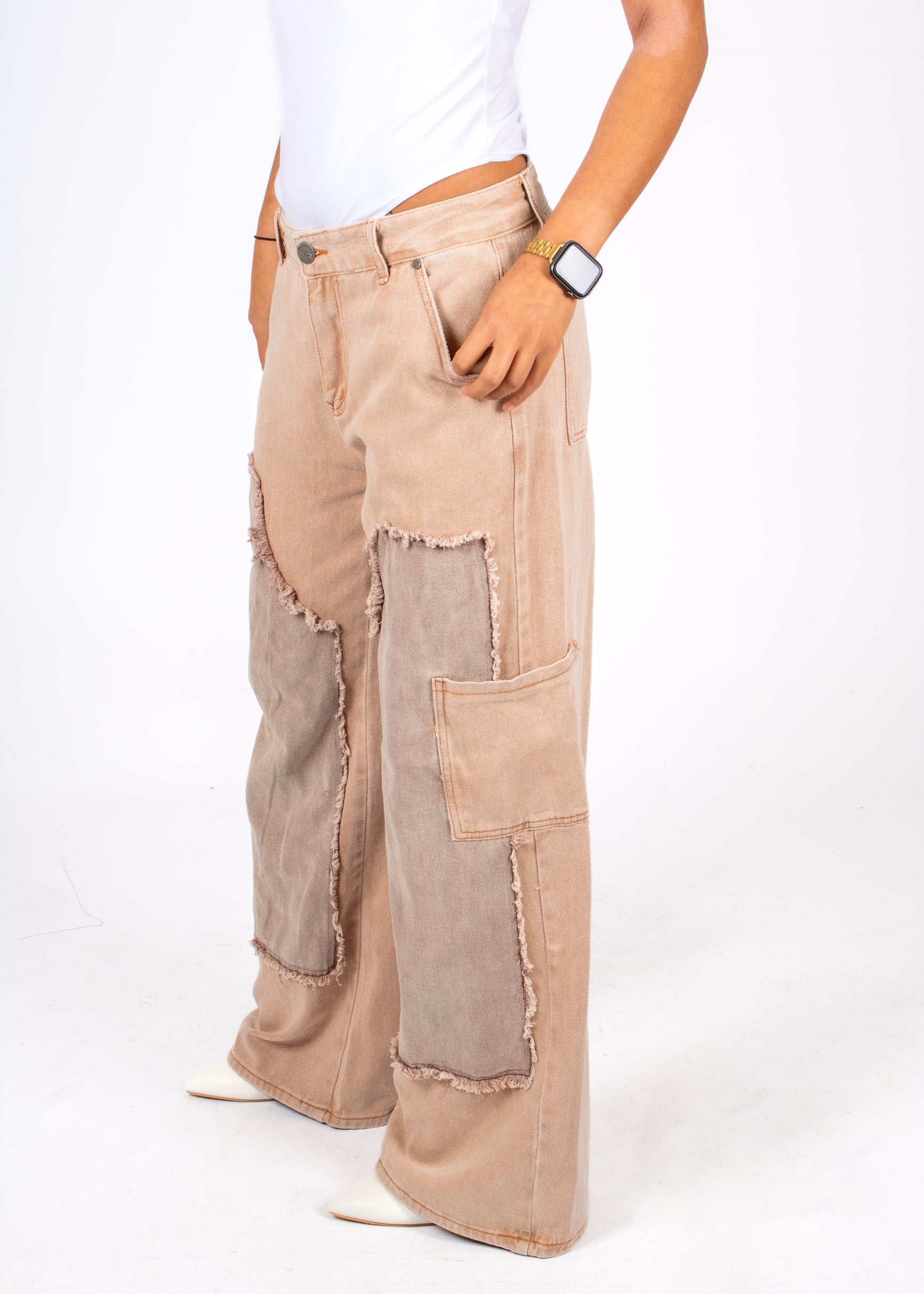 Beige Mid Rise Carpenter Wide Leg Jean Close Up 3