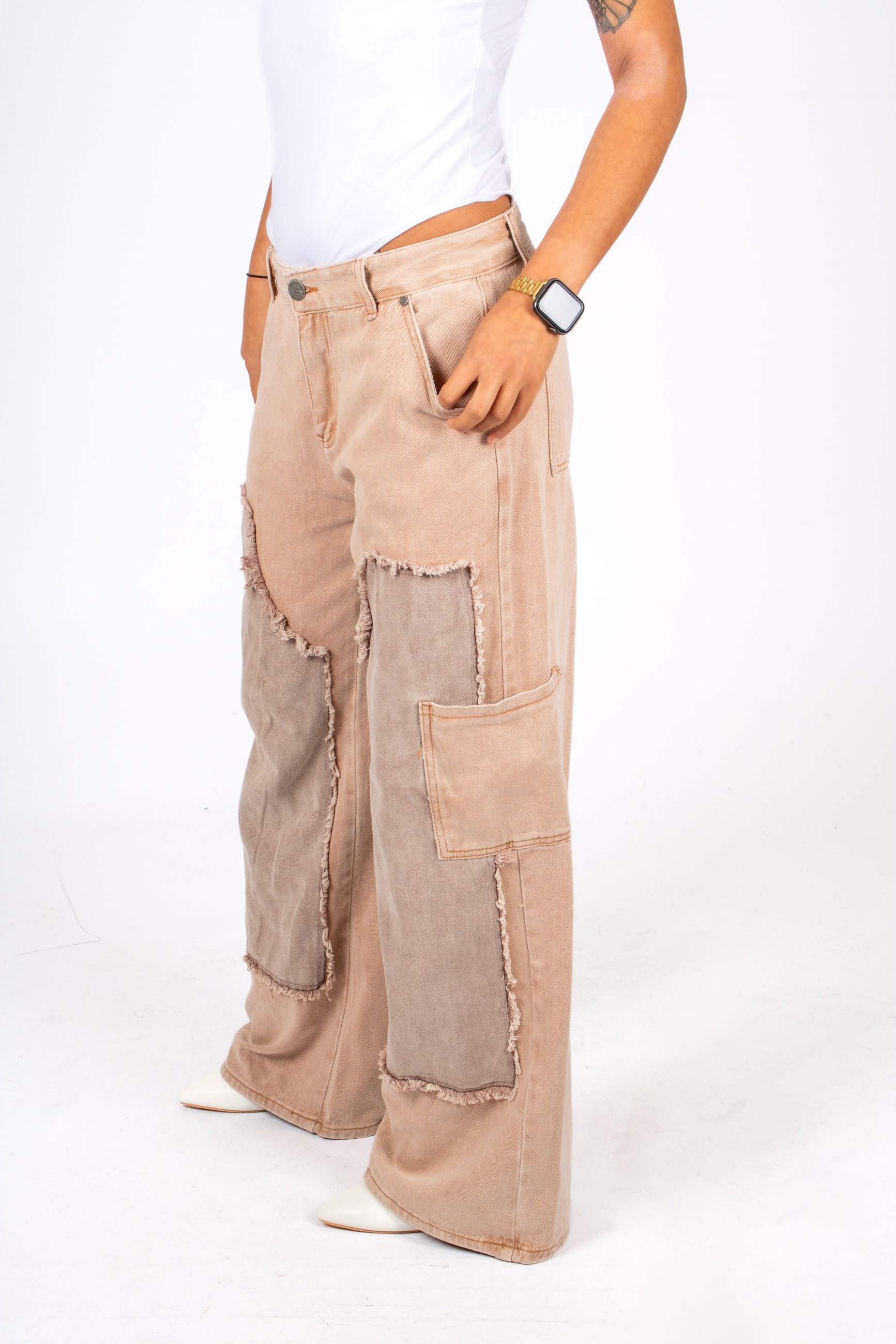 Beige Mid Rise Carpenter Wide Leg Jean Close Up 3