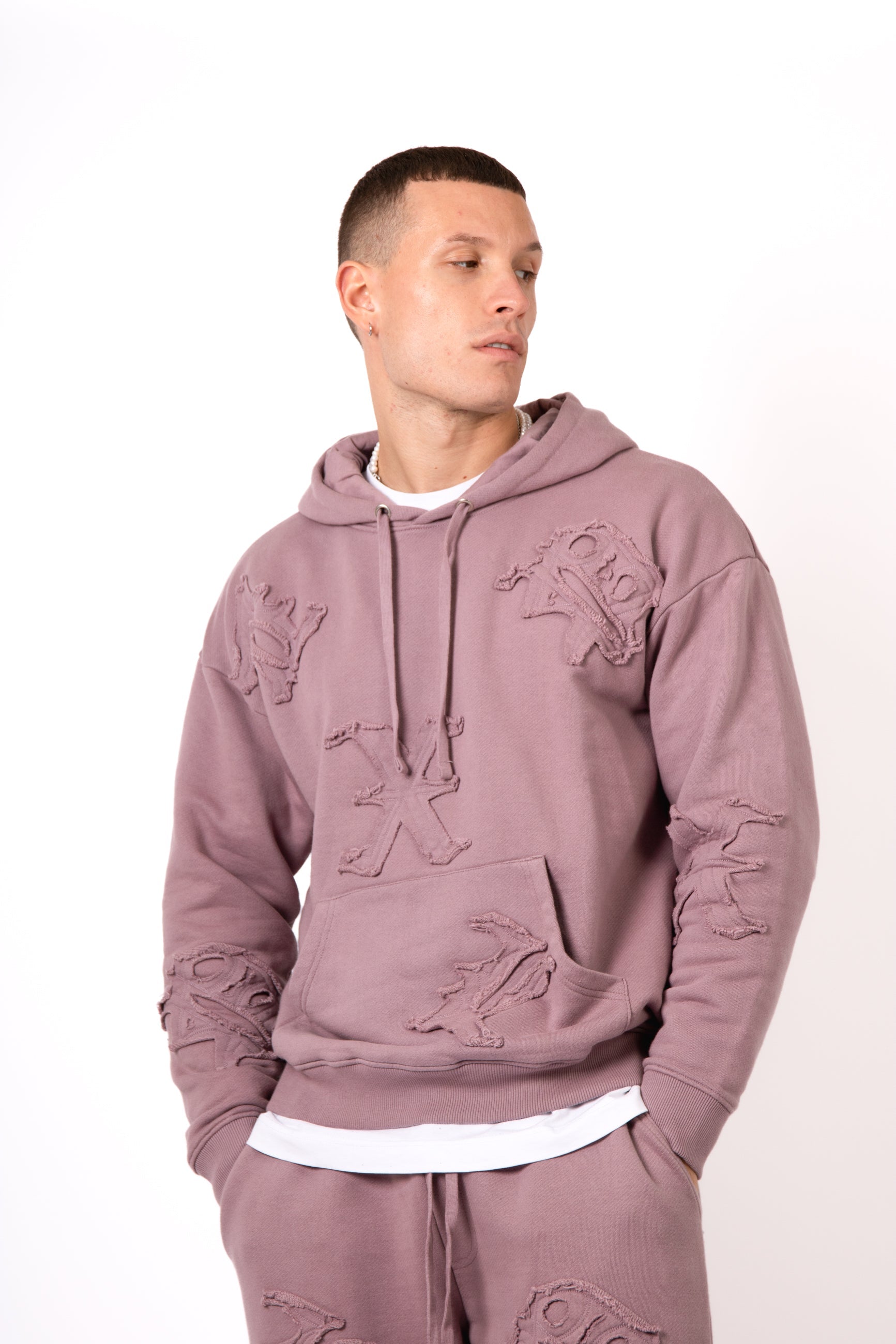 Mauve All Over 'LNP' Frayed Motif Hoodie