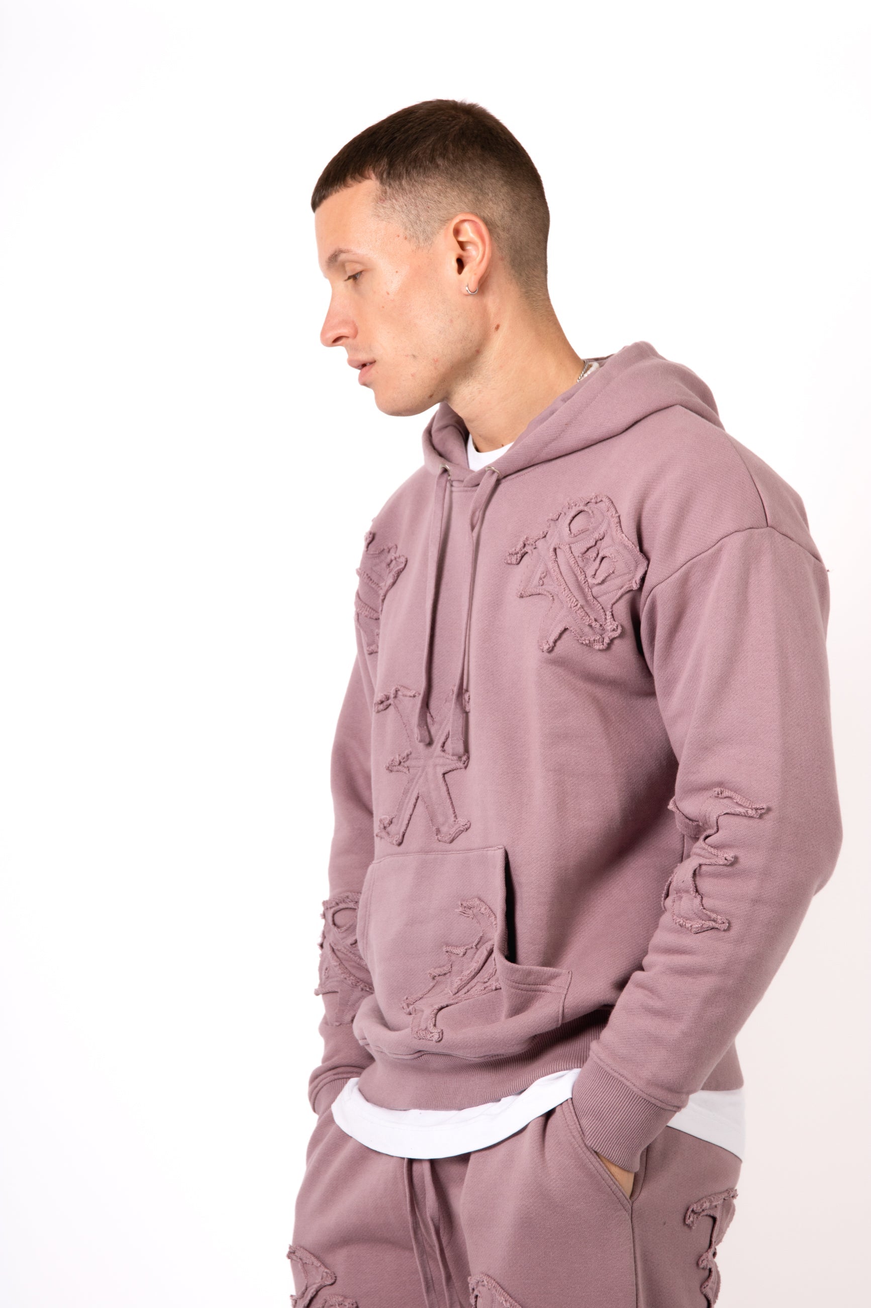 Mauve All Over 'LNP' Frayed Motif Hoodie