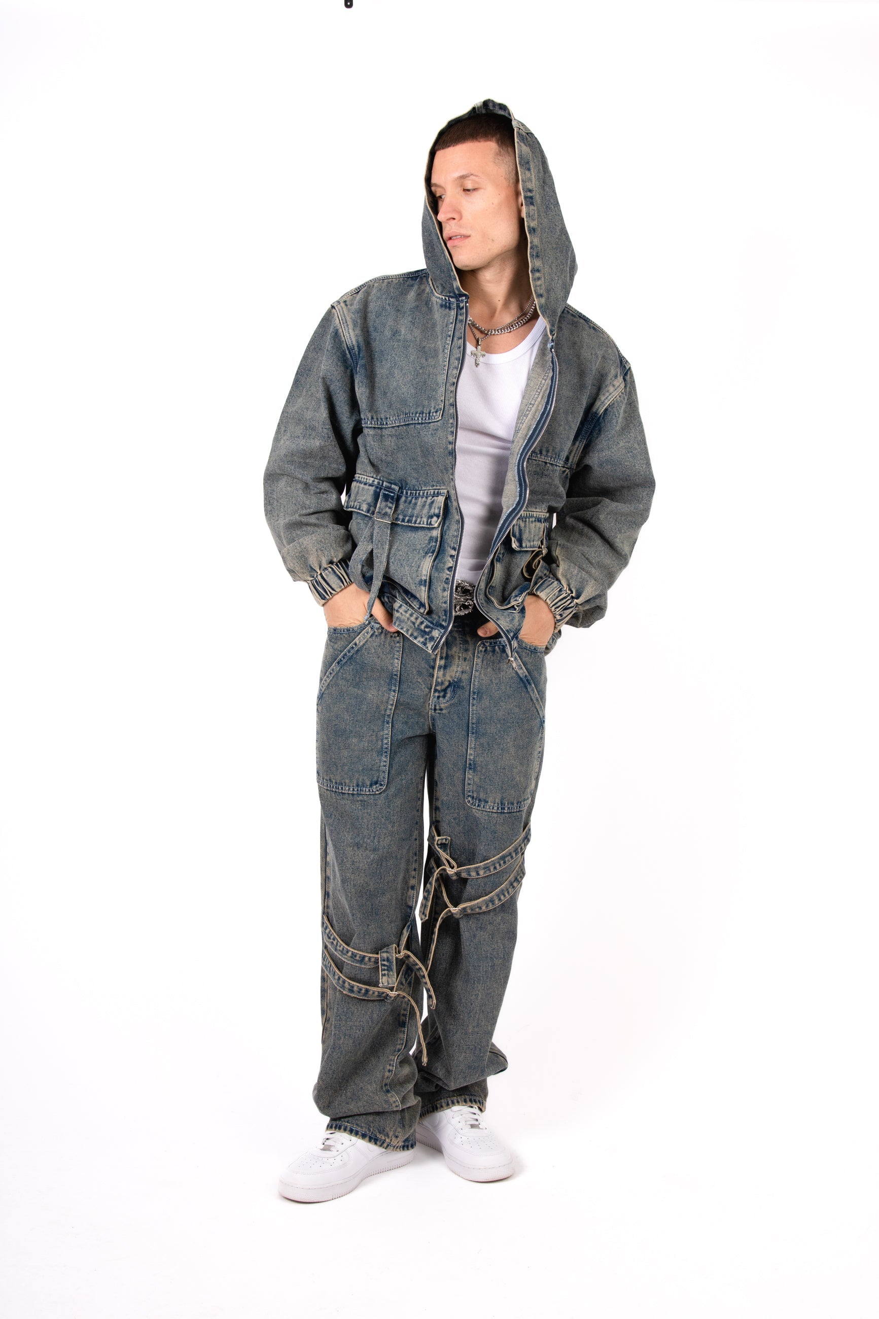 Vintage Wash Utility Buckle Oversized Denim Hoodie Jacket