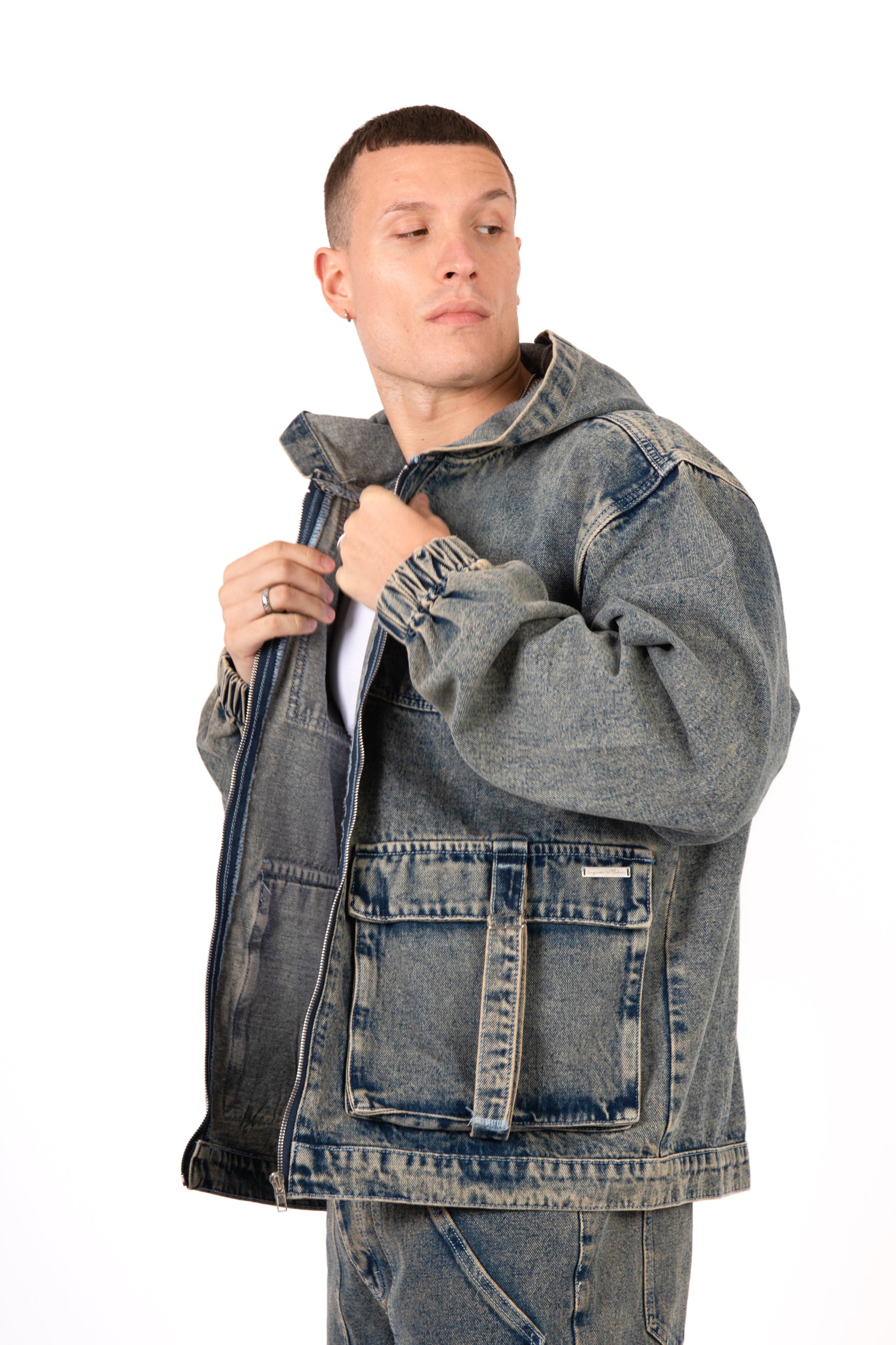 Vintage Wash Utility Buckle Oversized Denim Hoodie Jacket