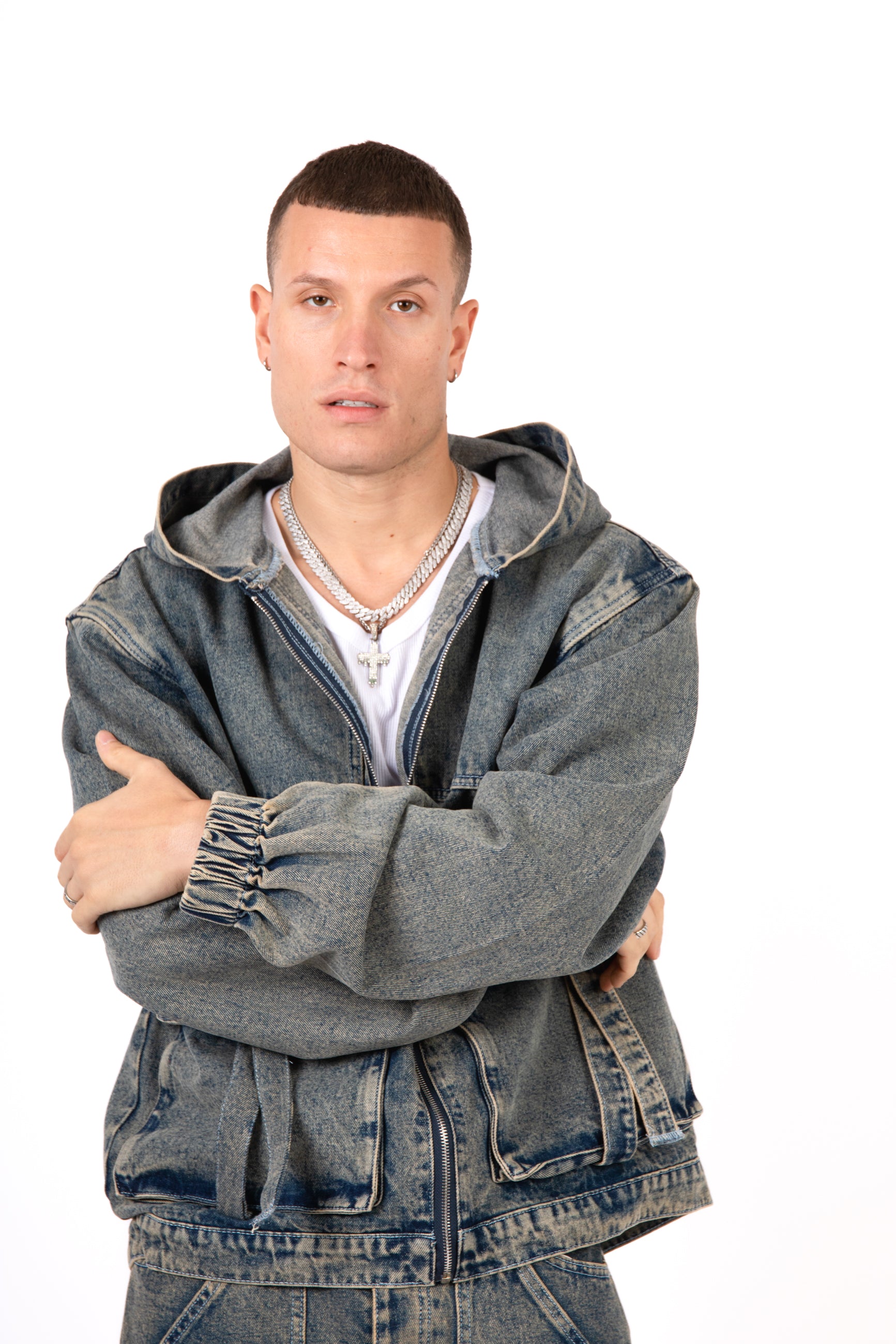 Vintage Wash Utility Buckle Oversized Denim Hoodie Jacket