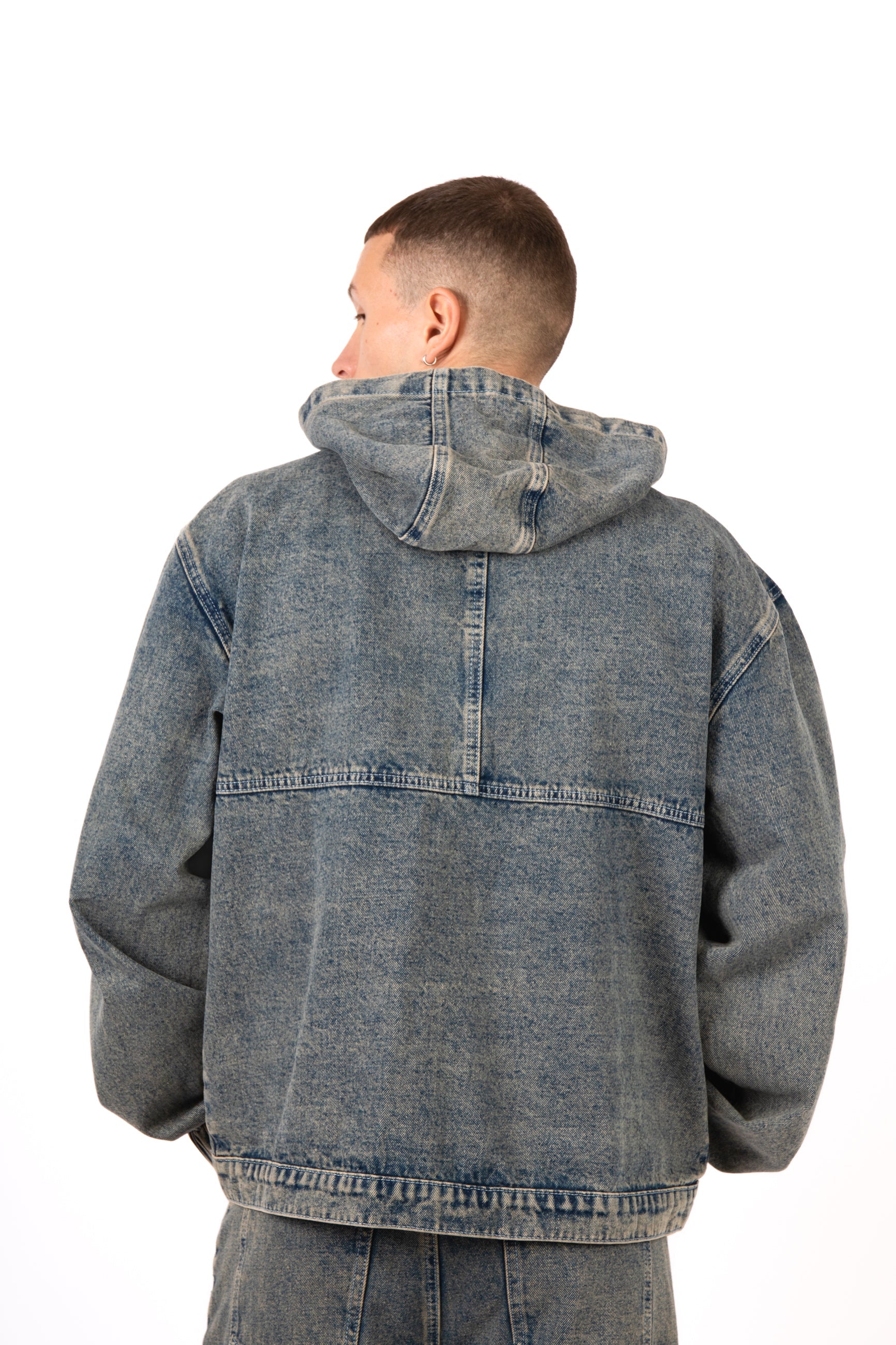 Vintage Wash Utility Buckle Oversized Denim Hoodie Jacket