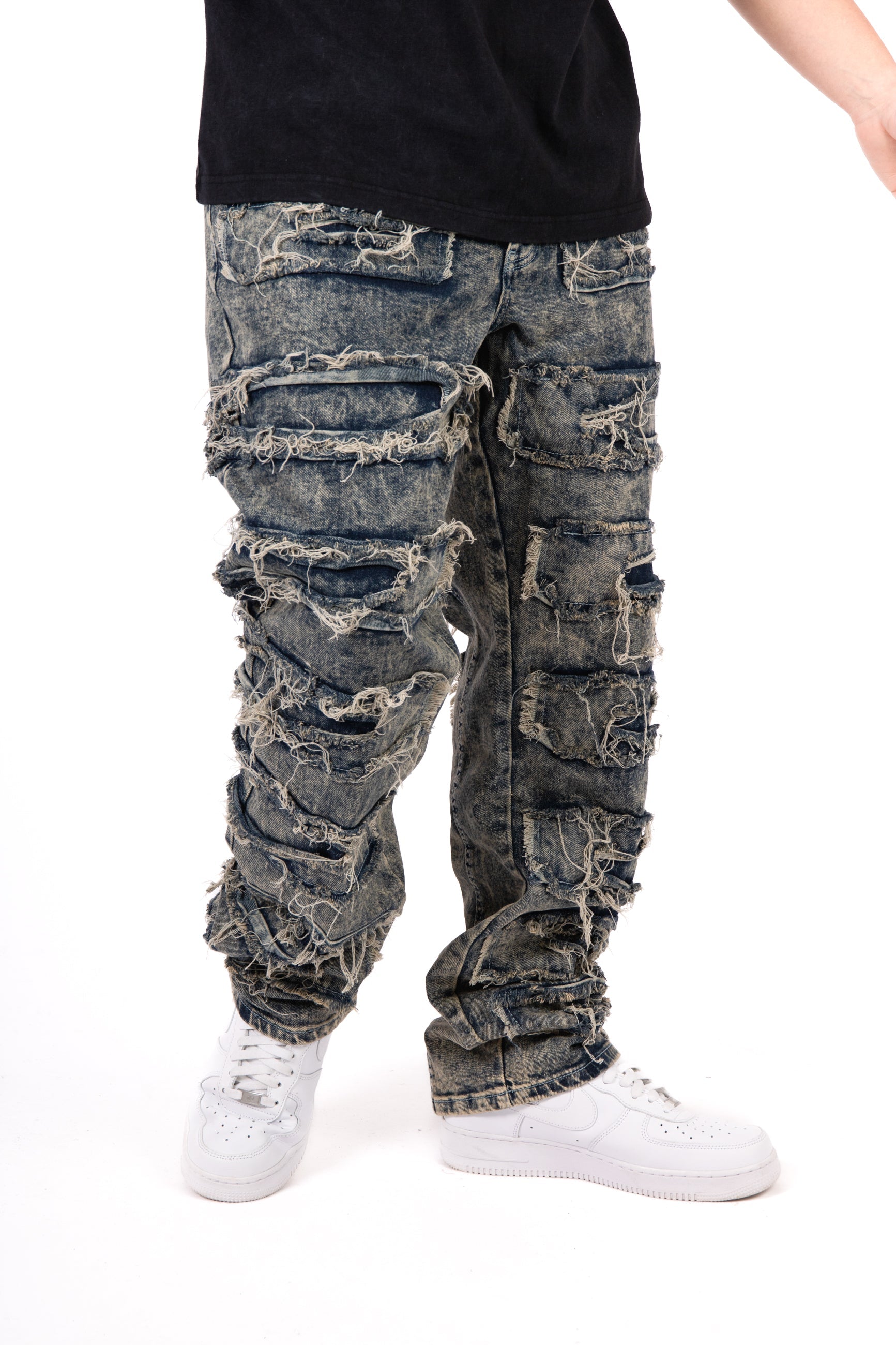 Stonewash Stacked Frayed Denim Jeans