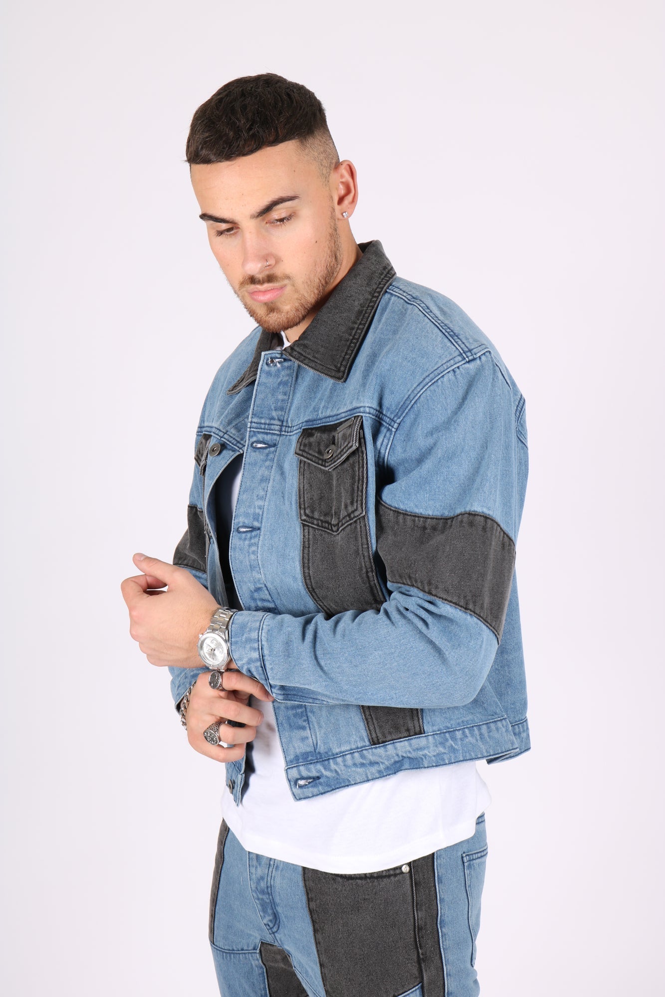 Ryda Blue & Black Oversized Motorbiker Panel-Work Denim Jacket