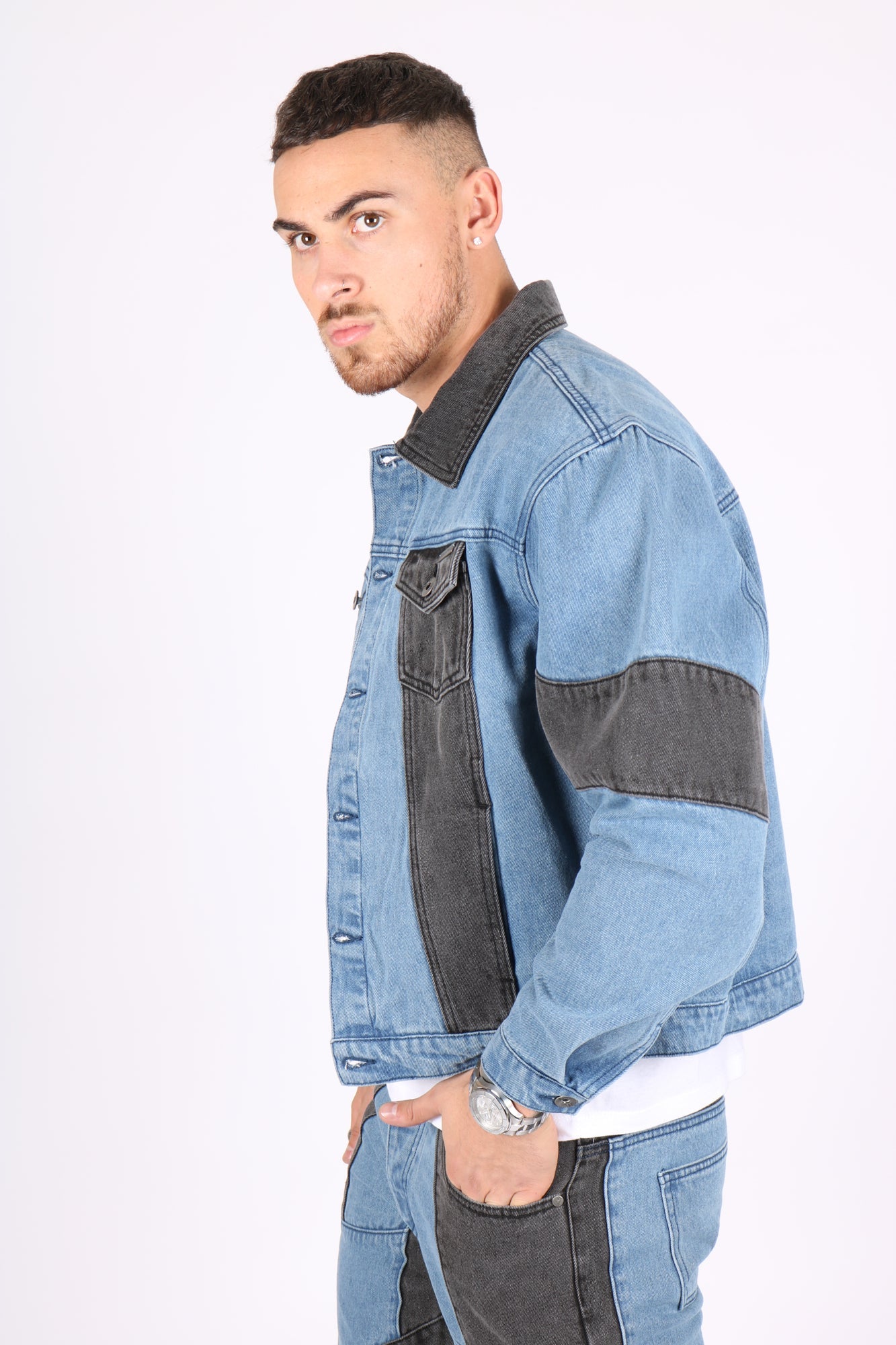 Ryda Blue & Black Oversized Motorbiker Panel-Work Denim Jacket