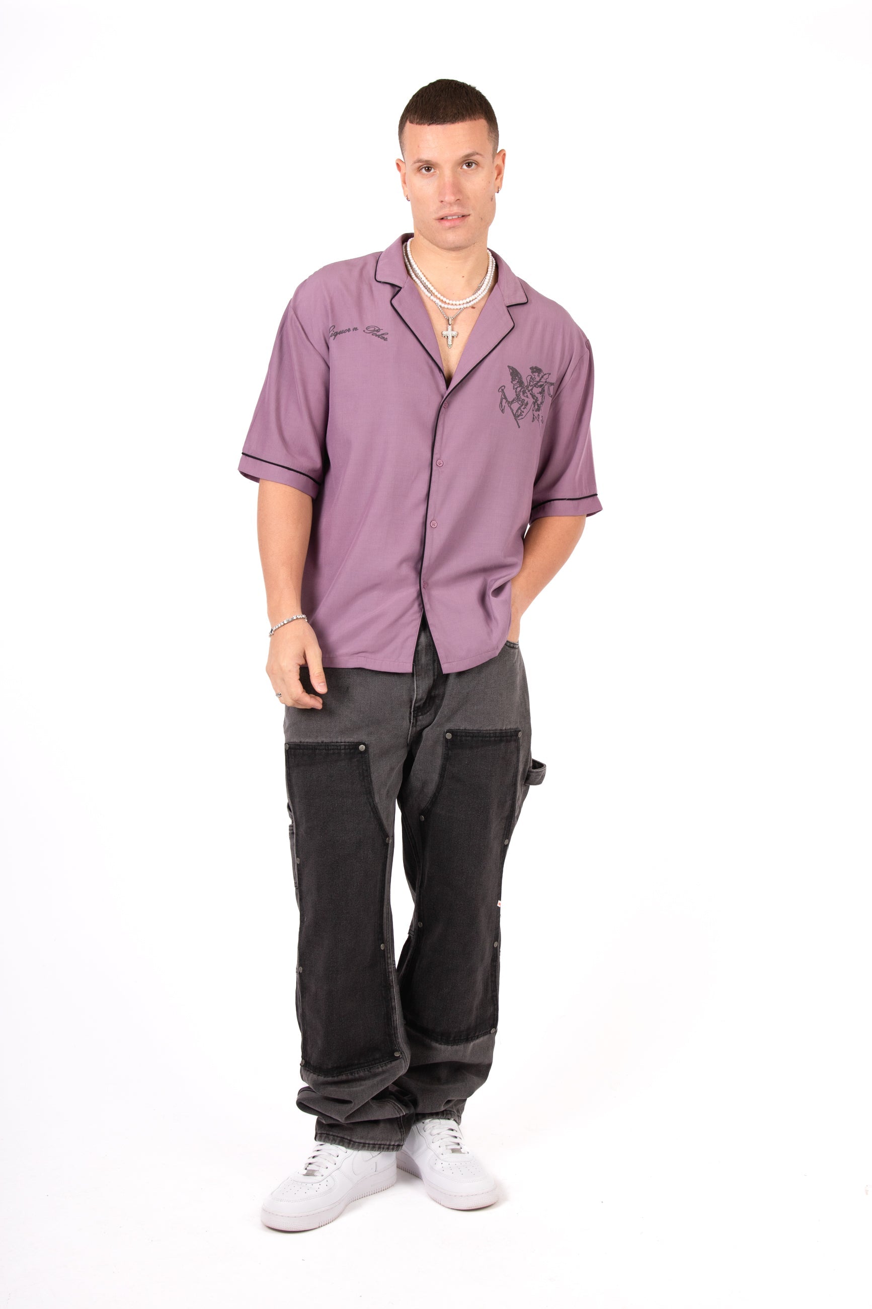 Mauve Motif Back Printed Bowling Shirt