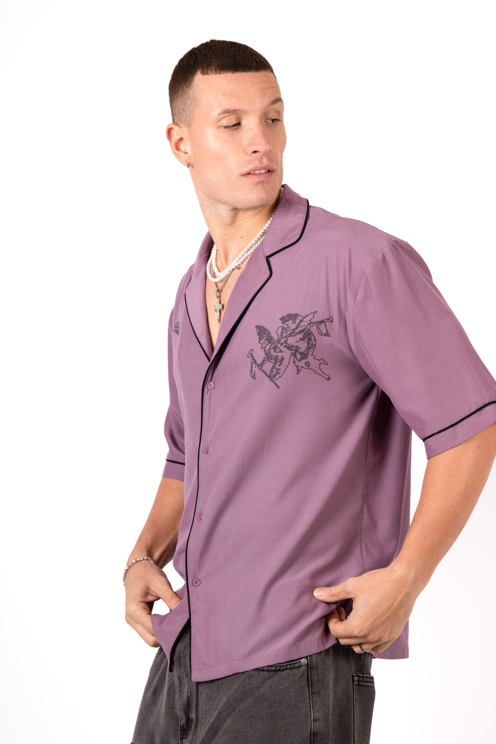 Mauve Motif Back Printed Bowling Shirt